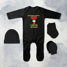 Load image into Gallery viewer, Custom Name I love My Bhaiya So Much Jumpsuit with Cap, Mittens and Booties Romper Set for Baby Girl - KidsFashionVilla

