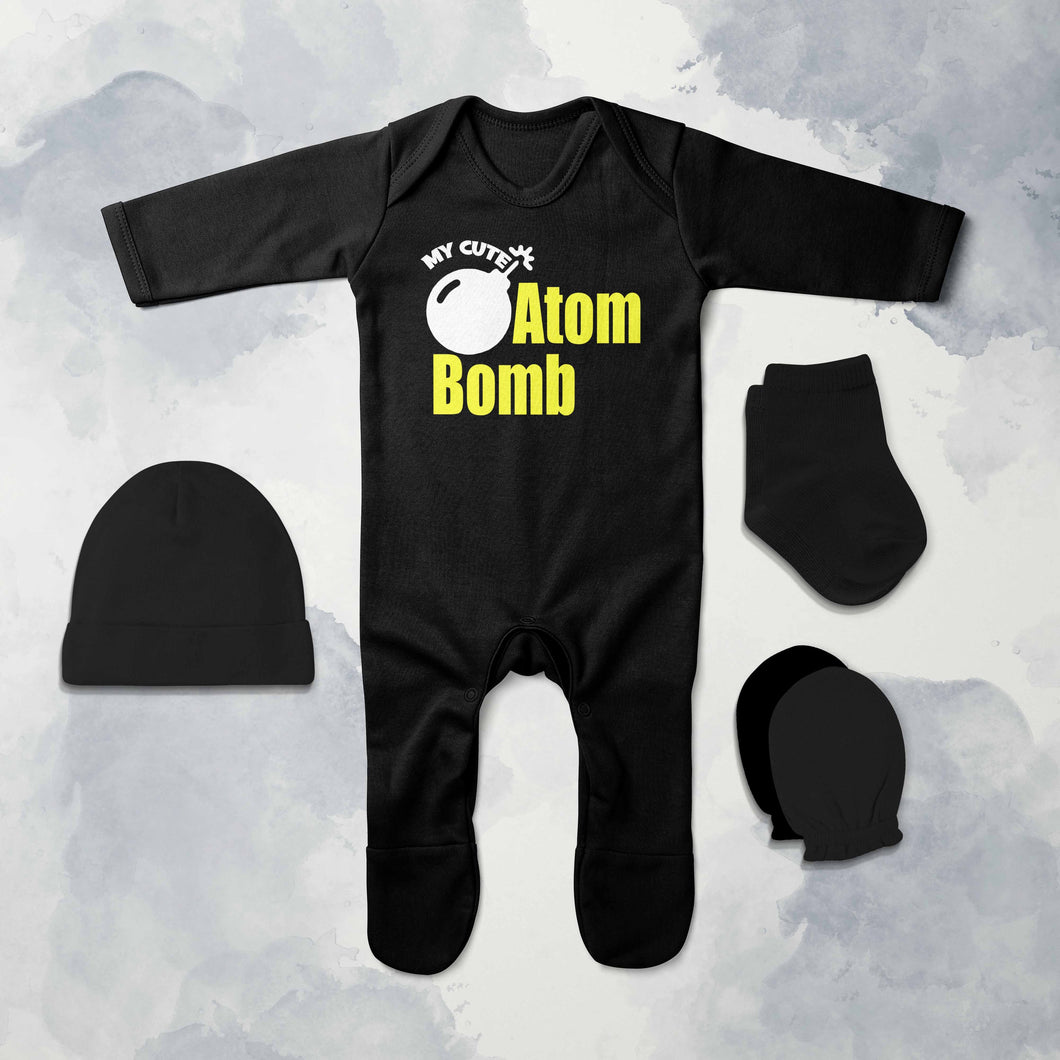 My Cute Atom Bomb Diwali Jumpsuit with Cap, Mittens and Booties Romper Set for Baby Boy - KidsFashionVilla