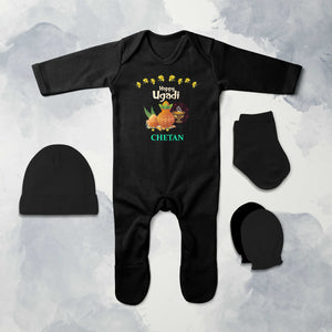 Custom Name Happy Ugadi Jumpsuit with Cap, Mittens and Booties Romper Set for Baby Boy - KidsFashionVilla