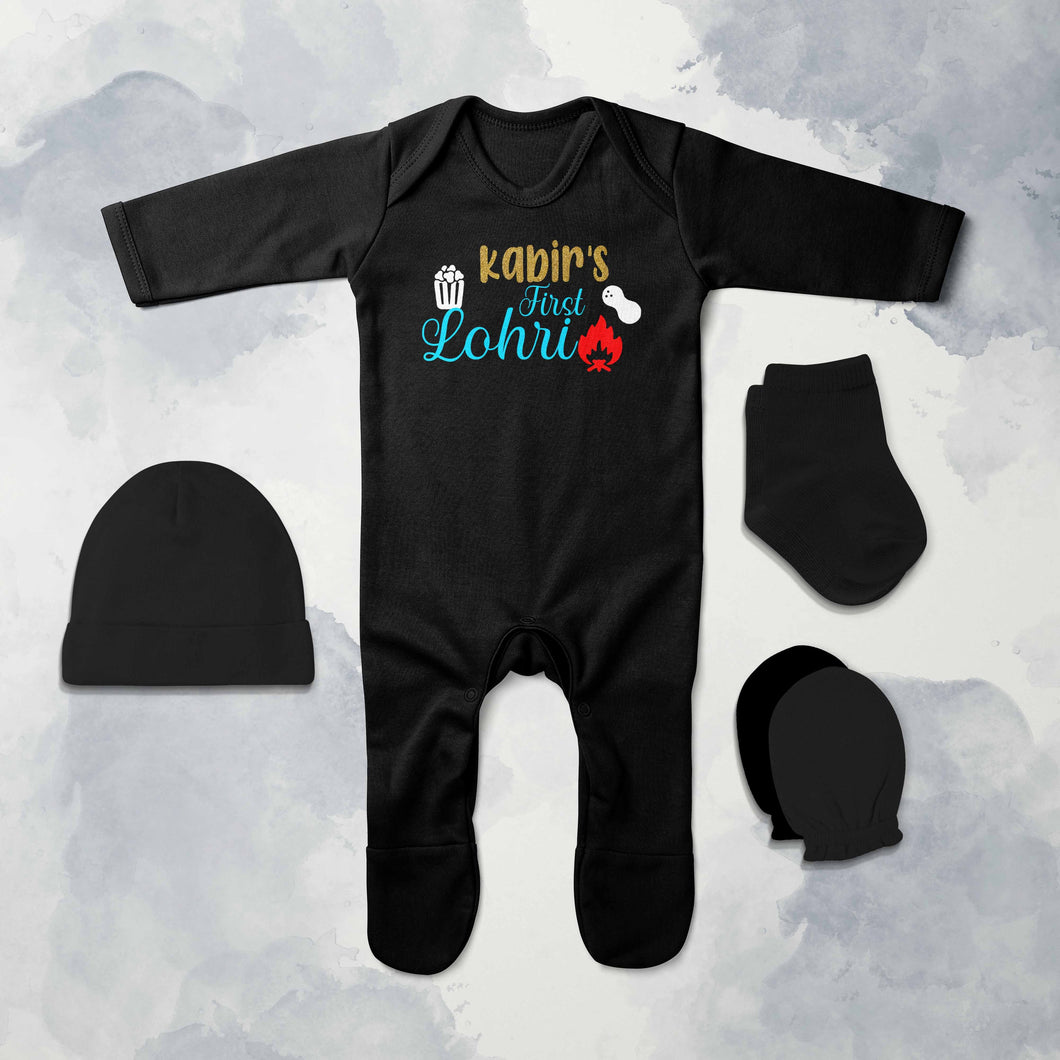 Custom Baby Name First Lohri Jumpsuit with Cap, Mittens and Booties Romper Set for Baby Boy - KidsFashionVilla