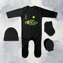 Load image into Gallery viewer, Custom Name Happy Pongal Jumpsuit with Cap, Mittens and Booties Romper Set for Baby Boy - KidsFashionVilla
