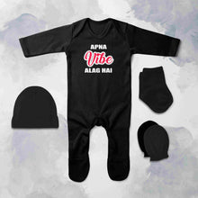 Load image into Gallery viewer, Apna Vibe Alag Hai Quotes Jumpsuit with Cap, Mittens and Booties Romper Set for Baby Boy - KidsFashionVilla
