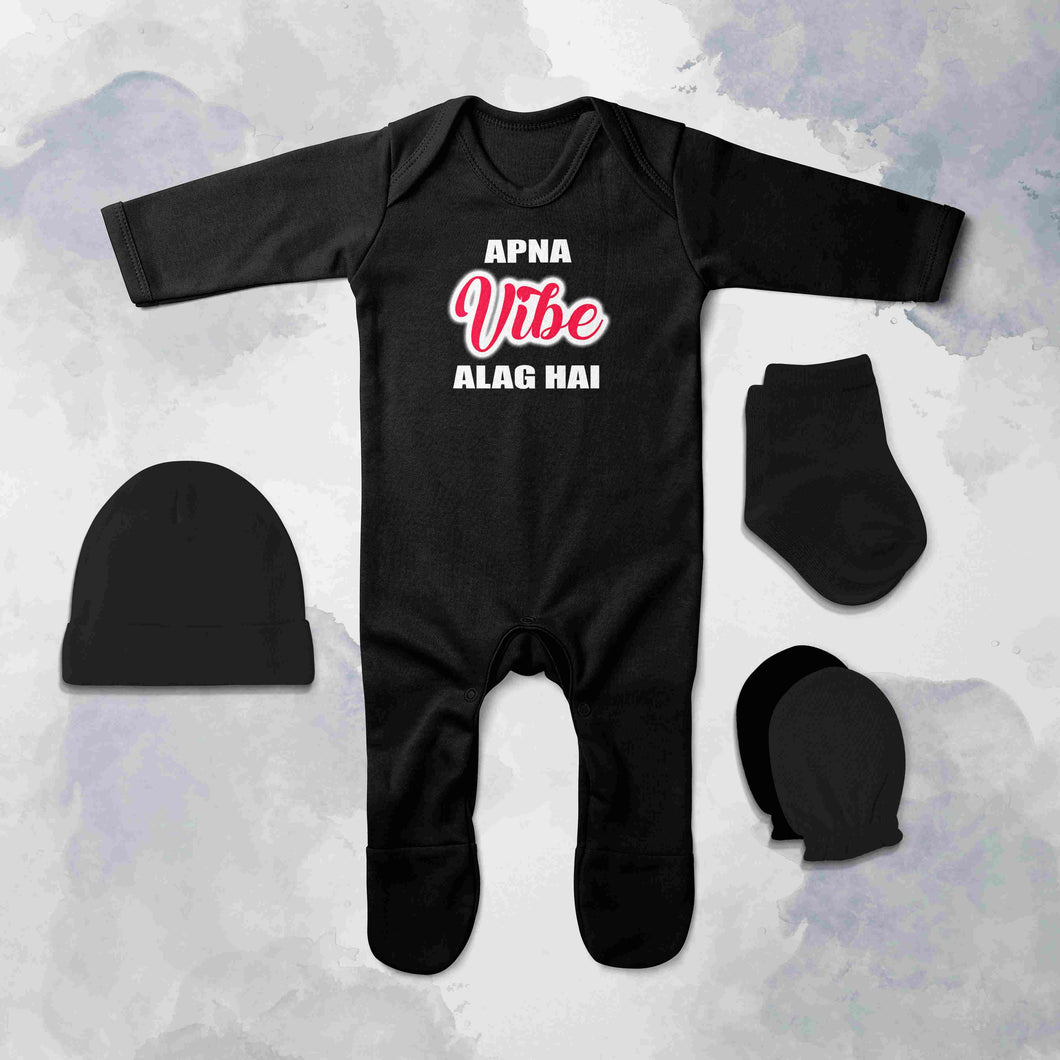 Apna Vibe Alag Hai Quotes Jumpsuit with Cap, Mittens and Booties Romper Set for Baby Boy - KidsFashionVilla