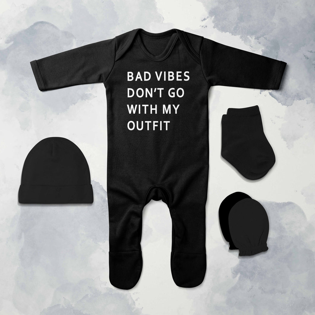 Bad Vibes Minimal Jumpsuit with Cap, Mittens and Booties Romper Set for Baby Boy - KidsFashionVilla