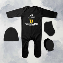 Load image into Gallery viewer, My Second Navratri Jumpsuit with Cap, Mittens and Booties Romper Set for Baby Boy - KidsFashionVilla
