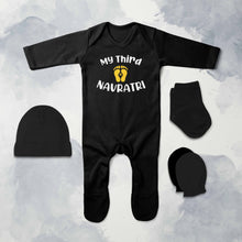 Load image into Gallery viewer, My Third Navratri Jumpsuit with Cap, Mittens and Booties Romper Set for Baby Boy - KidsFashionVilla
