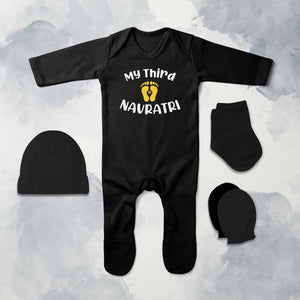 My Third Navratri Jumpsuit with Cap, Mittens and Booties Romper Set for Baby Boy - KidsFashionVilla