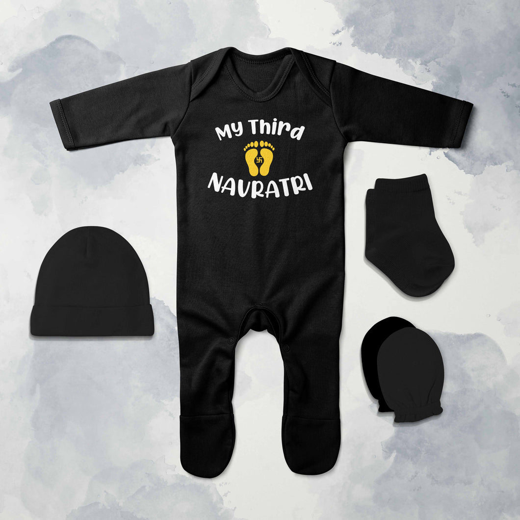 My Third Navratri Jumpsuit with Cap, Mittens and Booties Romper Set for Baby Boy - KidsFashionVilla