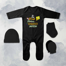 Load image into Gallery viewer, Its My First Makar Sankranti Custom Name Makar Sankranti Jumpsuit with Cap, Mittens and Booties Romper Set for Baby Boy - KidsFashionVilla
