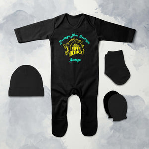 IPL Chennai Super Kings Jeetega Bhai Jeetega CSK Jeetega Jumpsuit with Cap, Mittens and Booties Romper Set for Baby Boy - KidsFashionVilla