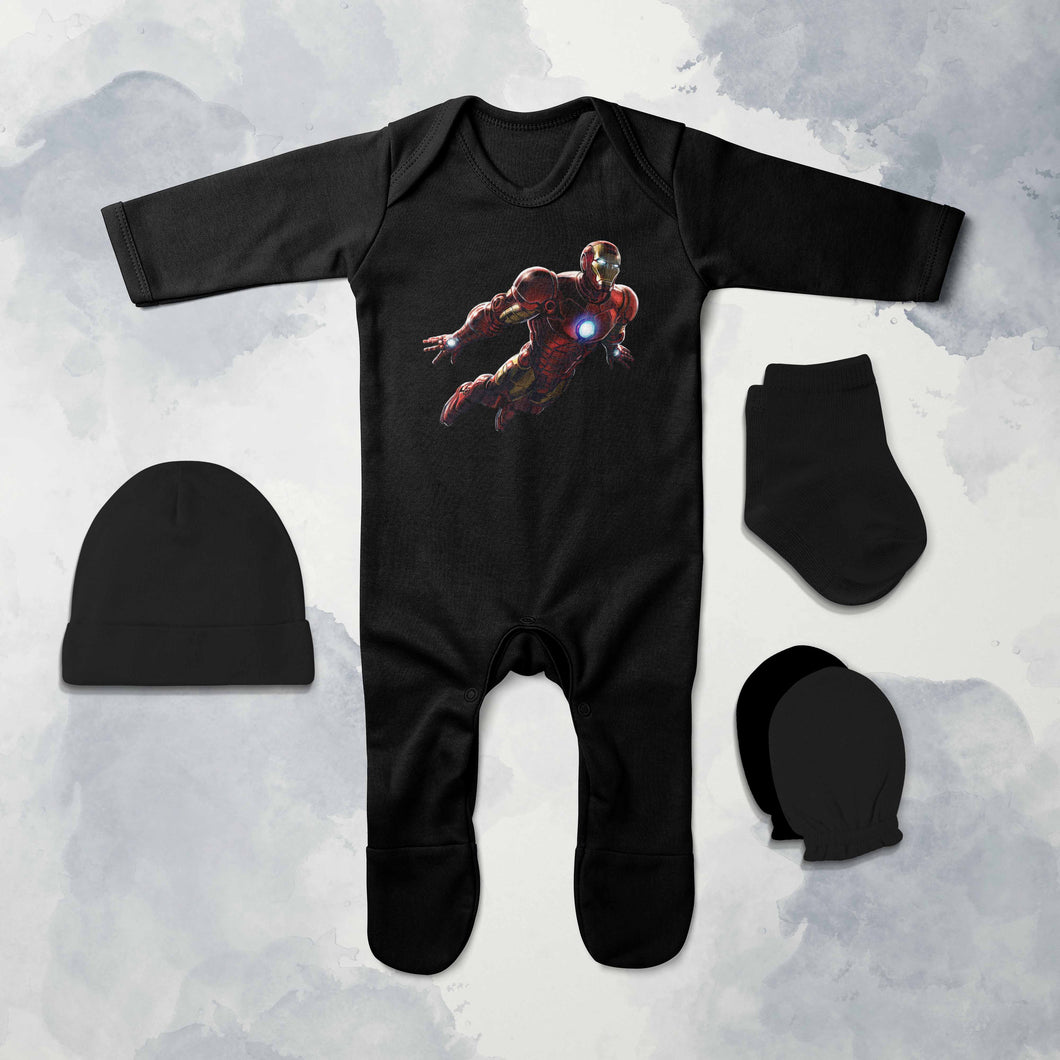 Flying Superhero Cartoon Jumpsuit with Cap, Mittens and Booties Romper Set for Baby Boy - KidsFashionVilla