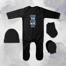 Load image into Gallery viewer, Apne Toh Apne Hote Hain Quotes Jumpsuit with Cap, Mittens and Booties Romper Set for Baby Boy - KidsFashionVilla
