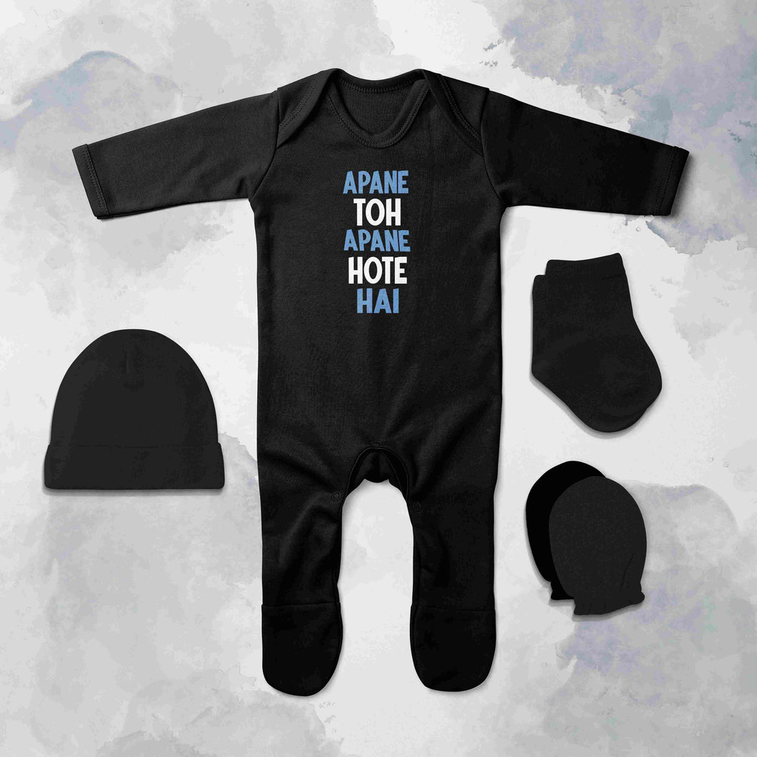 Apne Toh Apne Hote Hain Quotes Jumpsuit with Cap, Mittens and Booties Romper Set for Baby Boy - KidsFashionVilla