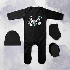Beach Fun Quotes Jumpsuit with Cap, Mittens and Booties Romper Set for Baby Girl - KidsFashionVilla