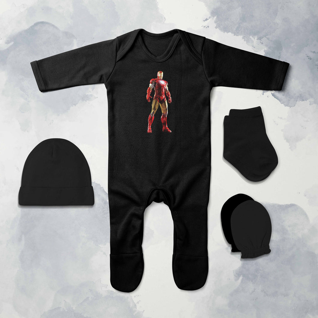 Superhero Cartoon Jumpsuit with Cap, Mittens and Booties Romper Set for Baby Boy - KidsFashionVilla