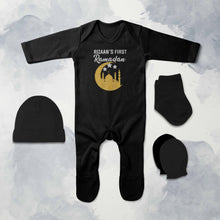 Load image into Gallery viewer, First Ramadan Custom Name Eid Jumpsuit with Cap, Mittens and Booties Romper Set for Baby Boy - KidsFashionVilla
