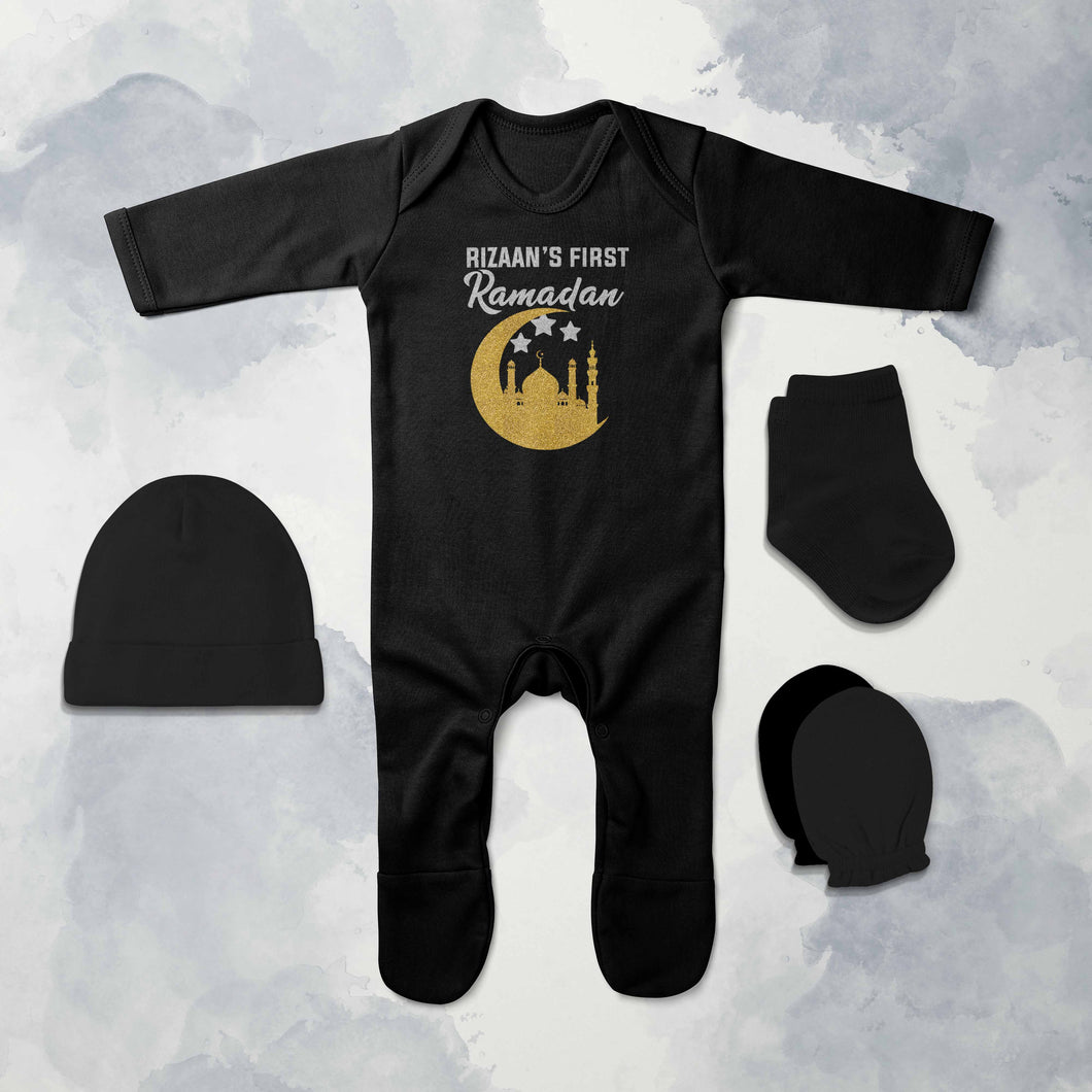 First Ramadan Custom Name Eid Jumpsuit with Cap, Mittens and Booties Romper Set for Baby Boy - KidsFashionVilla