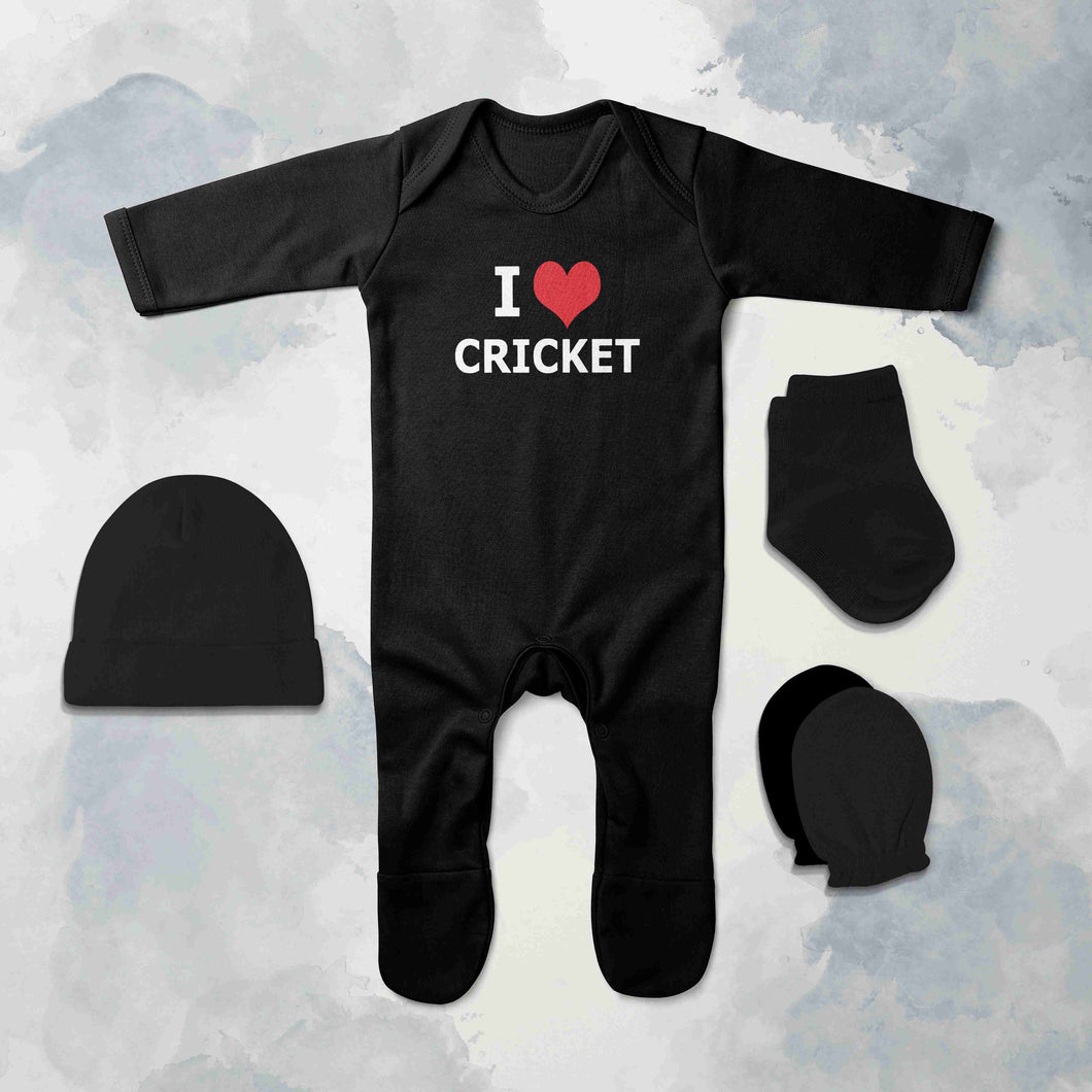 I Love Cricket Jumpsuit with Cap, Mittens and Booties Romper Set for Baby Boy - KidsFashionVilla