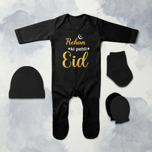 Load image into Gallery viewer, Custom Name Pehli Eid Jumpsuit with Cap, Mittens and Booties Romper Set for Baby Boy - KidsFashionVilla
