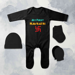 My First Navratri Jumpsuit with Cap, Mittens and Booties Romper Set for Baby Boy - KidsFashionVilla