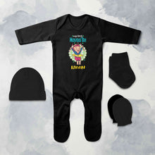 Load image into Gallery viewer, Custom Name My First Navratri Jumpsuit with Cap, Mittens and Booties Romper Set for Baby Boy - KidsFashionVilla
