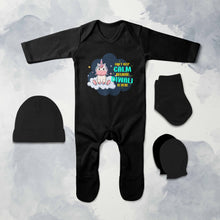 Load image into Gallery viewer, Can Not Keep Calm Because Diwali Is Here Jumpsuit with Cap, Mittens and Booties Romper Set for Baby Girl - KidsFashionVilla

