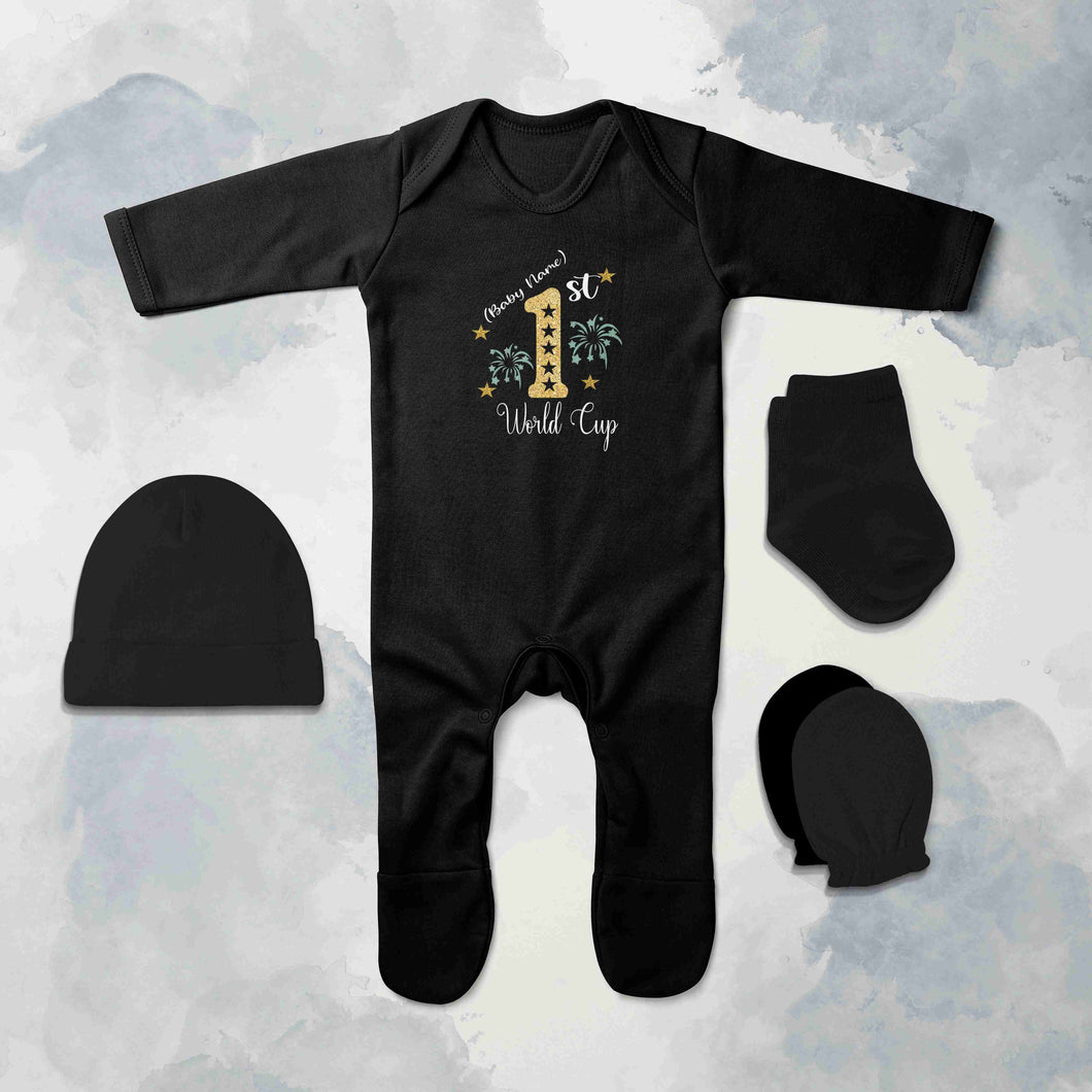 Customize Name First World Cup Cricket Quotes Jumpsuit with Cap, Mittens and Booties Romper Set for Baby Boy - KidsFashionVilla