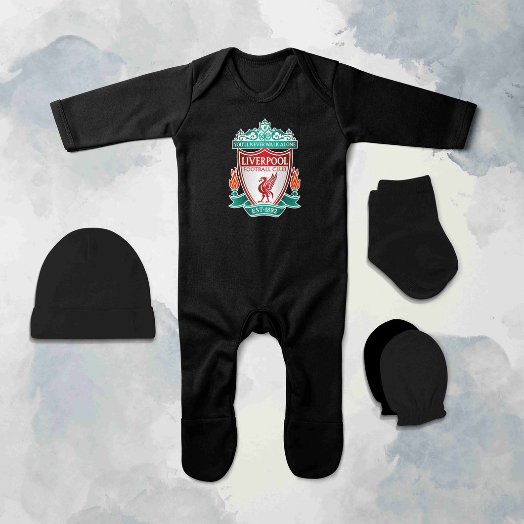 Liverpool Logo Jumpsuit with Cap, Mittens and Booties Romper Set for Baby Boy - KidsFashionVilla