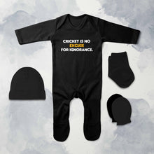 Load image into Gallery viewer, Cricket Is No Excuse For Ignorance Cricket Quotes Jumpsuit with Cap, Mittens and Booties Romper Set for Baby Girl - KidsFashionVilla
