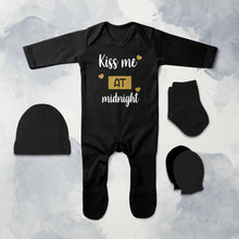 Load image into Gallery viewer, Kiss Me At Midnight Christmas Jumpsuit with Cap, Mittens and Booties Romper Set for Baby Girl - KidsFashionVilla
