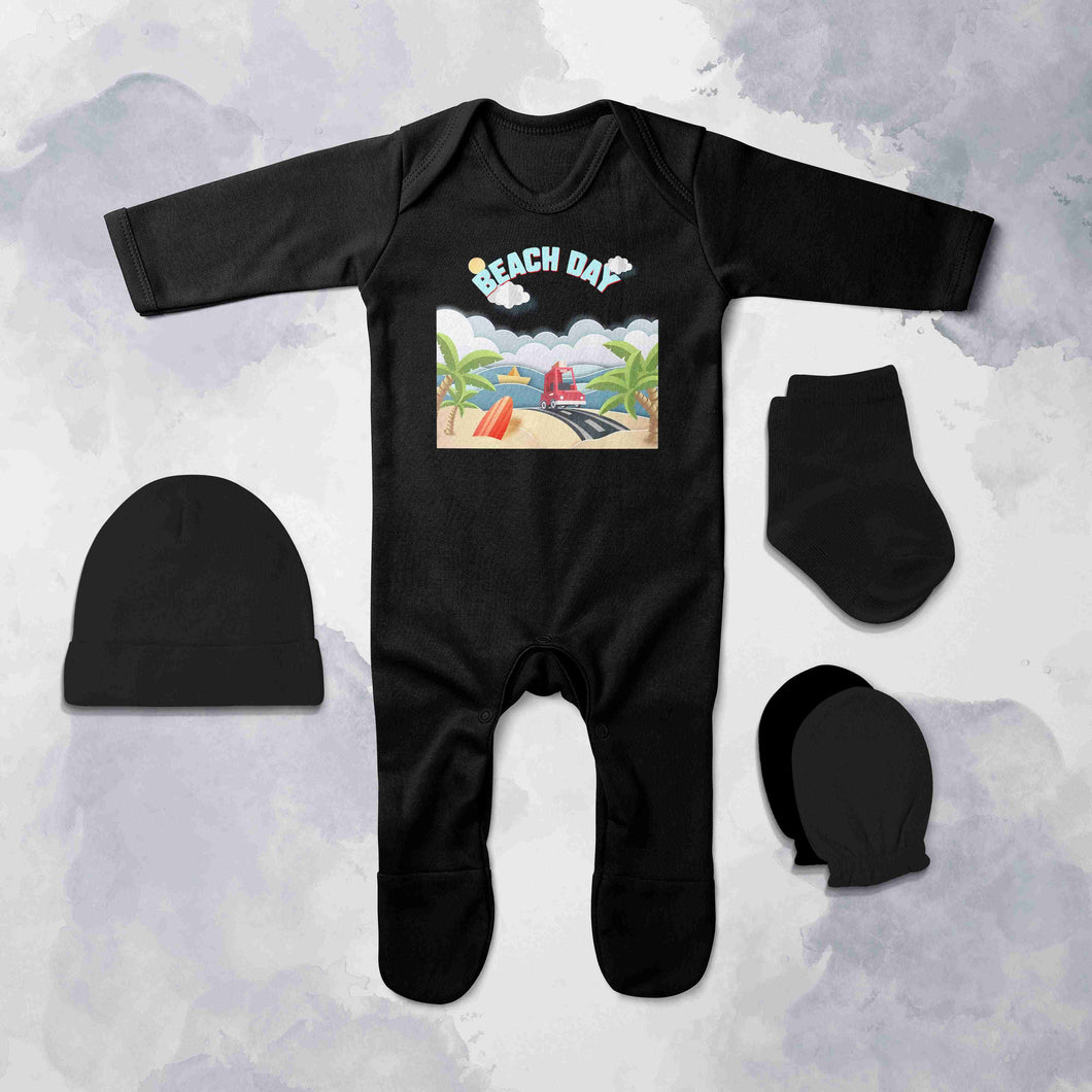 Beach Day Quotes Jumpsuit with Cap, Mittens and Booties Romper Set for Baby Boy - KidsFashionVilla