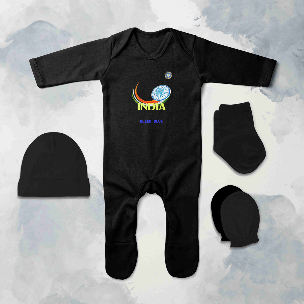 Bleed Blue Cricket Quotes Jumpsuit with Cap, Mittens and Booties Romper Set for Baby Boy - KidsFashionVilla