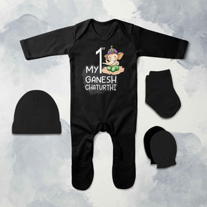 My 1st Ganesh Chaturthi Jumpsuit with Cap, Mittens and Booties Romper Set for Baby Girl - KidsFashionVilla