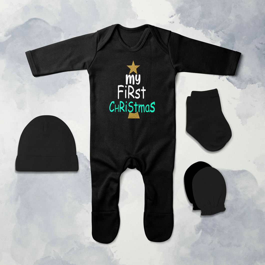 My First Christmas Jumpsuit with Cap, Mittens and Booties Romper Set for Baby Girl - KidsFashionVilla
