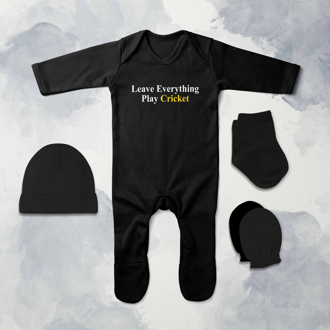 Leave Everything Play Cricket Quotes Jumpsuit with Cap, Mittens and Booties Romper Set for Baby Boy - KidsFashionVilla