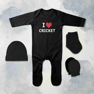 I Love Cricket Jumpsuit with Cap, Mittens and Booties Romper Set for Baby Girl - KidsFashionVilla