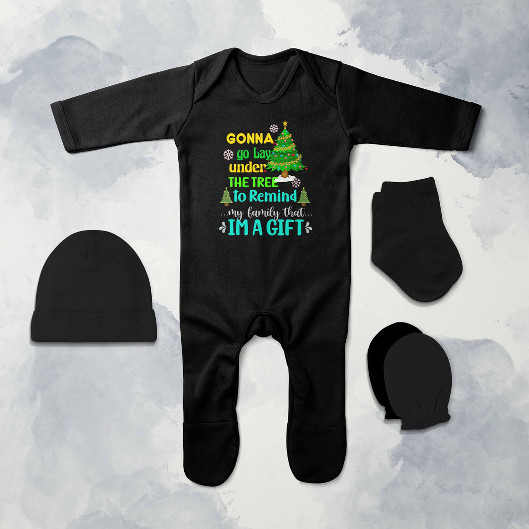 Gift Under Christmas Tree Jumpsuit with Cap, Mittens and Booties Romper Set for Baby Girl - KidsFashionVilla