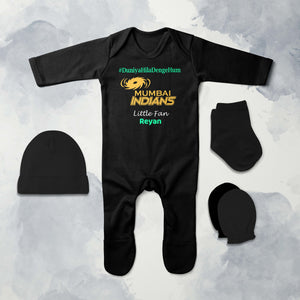 Custom Name IPL MI Mumbai Indians Duniya Hila Denge Hum Jumpsuit with Cap, Mittens and Booties Romper Set for Baby Boy - KidsFashionVilla