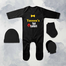Load image into Gallery viewer, Custom Name First Lohri Jumpsuit with Cap, Mittens and Booties Romper Set for Baby Boy - KidsFashionVilla
