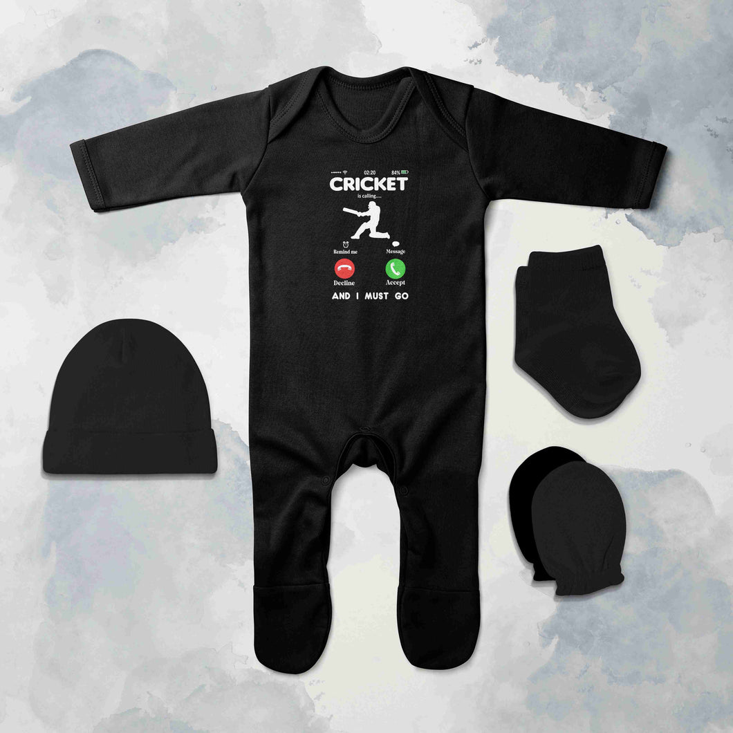 Cricket Is Calling Cricket Quotes Jumpsuit with Cap, Mittens and Booties Romper Set for Baby Boy - KidsFashionVilla