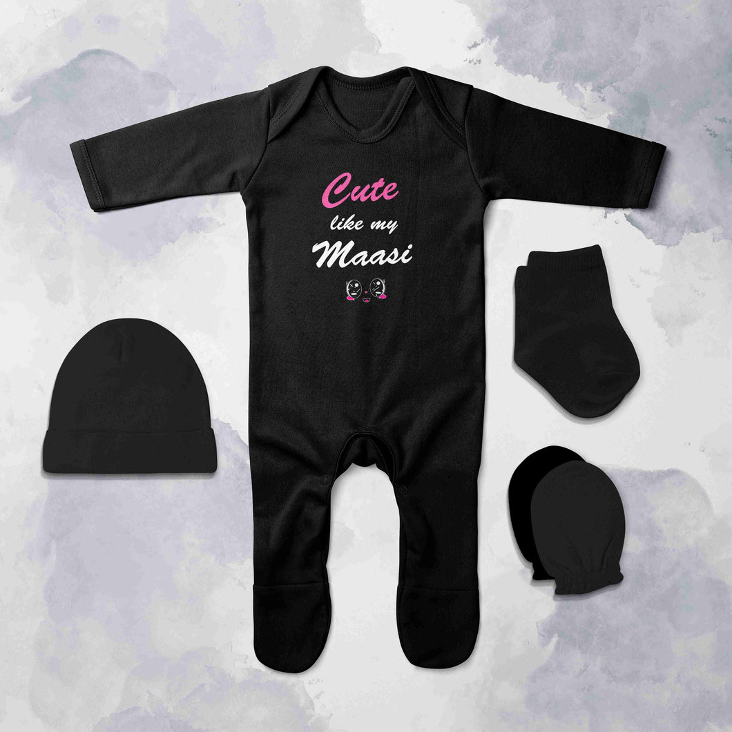 Cute Like My Maasi Jumpsuit with Cap, Mittens and Booties Romper Set for Baby Boy - KidsFashionVilla