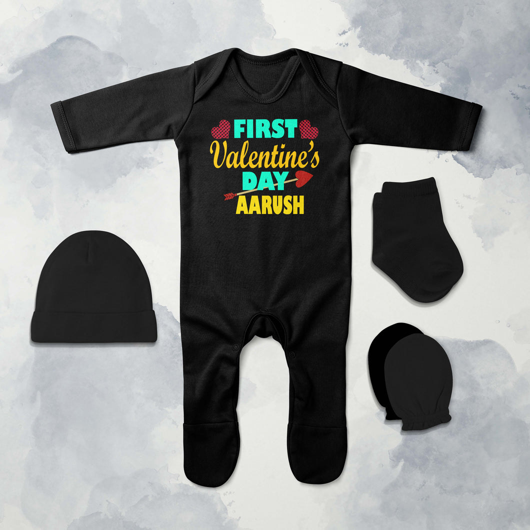 Custom Name First Valentine Jumpsuit with Cap, Mittens and Booties Romper Set for Baby Boy - KidsFashionVilla