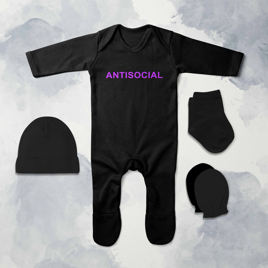Antisocial Minimal Jumpsuit with Cap, Mittens and Booties Romper Set for Baby Boy - KidsFashionVilla