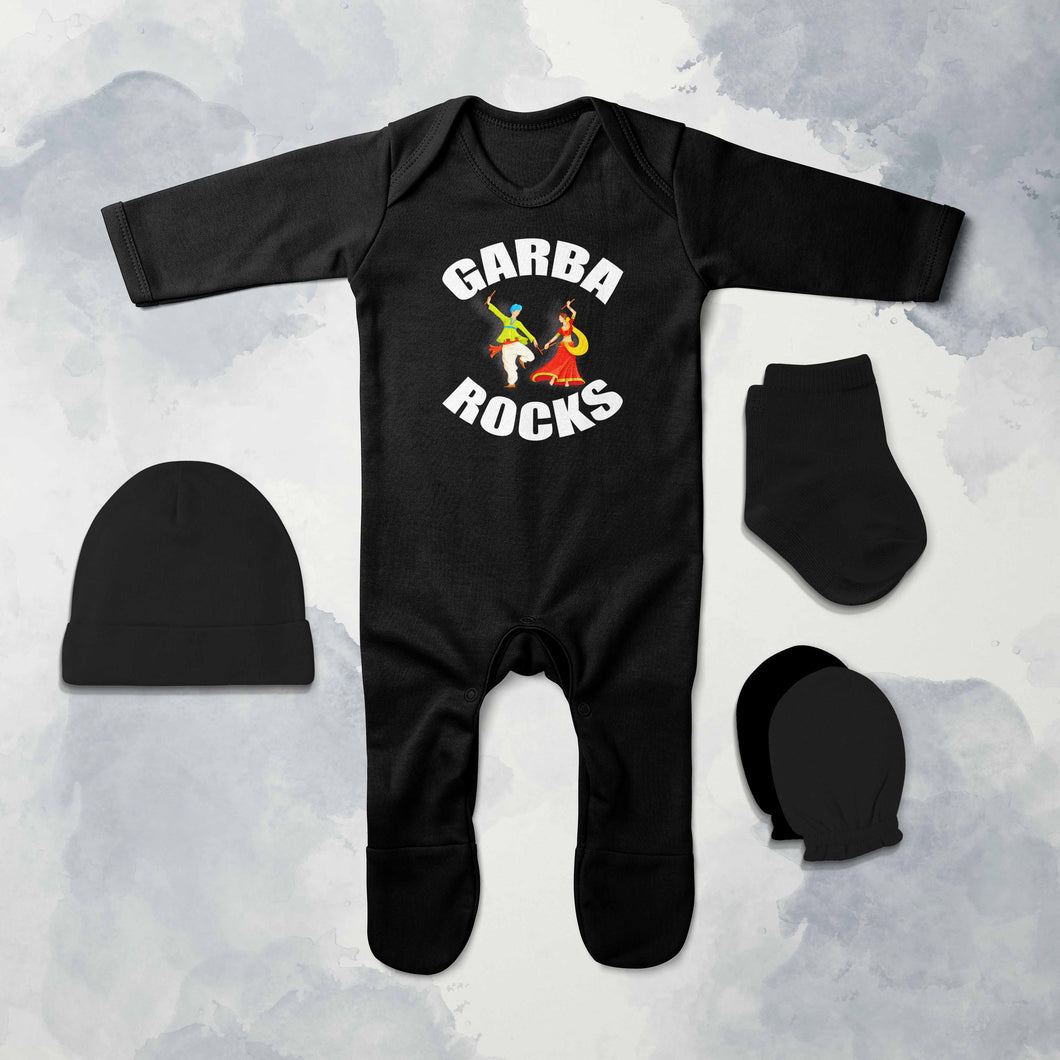 Garbha Rocks Navratri Jumpsuit with Cap, Mittens and Booties Romper Set for Baby Boy - KidsFashionVilla