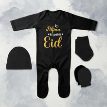 Load image into Gallery viewer, Custom Name Pehli Eid Jumpsuit with Cap, Mittens and Booties Romper Set for Baby Girl - KidsFashionVilla
