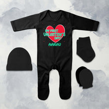 Load image into Gallery viewer, Custom Name 1st Valentine Jumpsuit with Cap, Mittens and Booties Romper Set for Baby Boy - KidsFashionVilla
