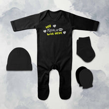 Load image into Gallery viewer, Khala Was Here Eid Jumpsuit with Cap, Mittens and Booties Romper Set for Baby Boy - KidsFashionVilla
