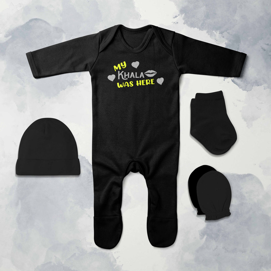 Khala Was Here Eid Jumpsuit with Cap, Mittens and Booties Romper Set for Baby Boy - KidsFashionVilla