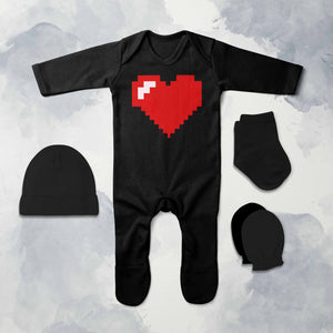 8 Bit Heart Minimal Jumpsuit with Cap, Mittens and Booties Romper Set for Baby Girl - KidsFashionVilla