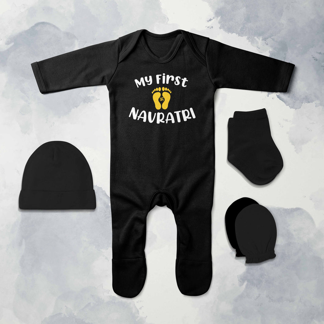 My First Navratri Jumpsuit with Cap, Mittens and Booties Romper Set for Baby Boy - KidsFashionVilla